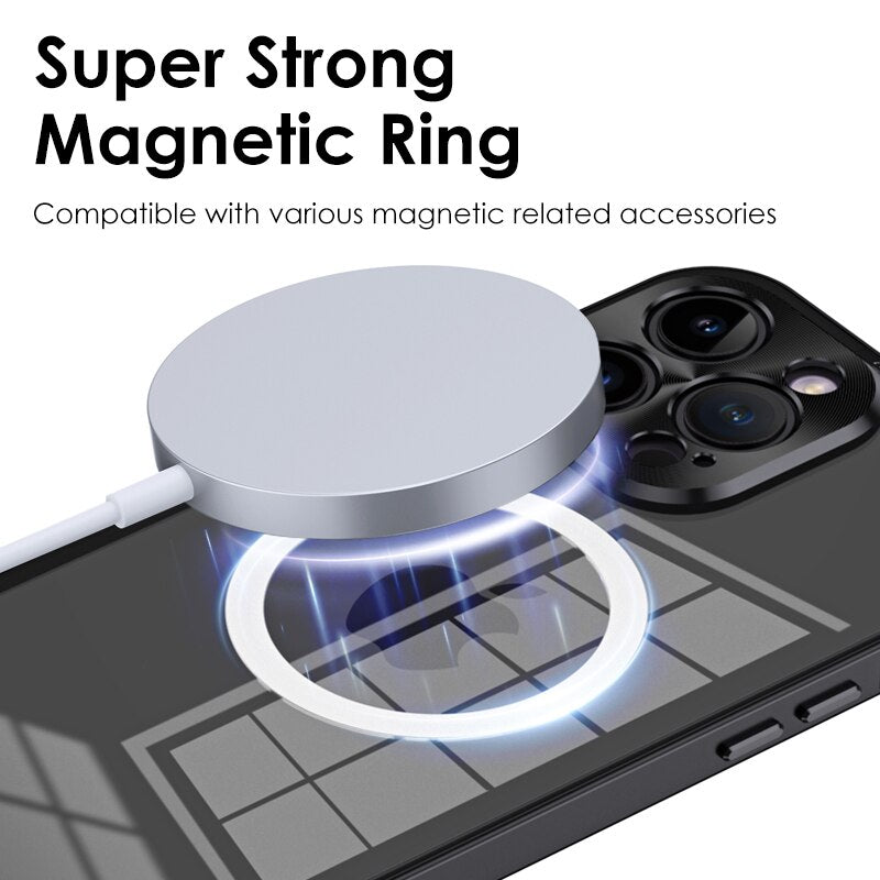 Luxury Metal Frame Phone Case for Iphone 14 13 12 Pro Max Plus Strong Magnetic Wireless Charging Backboard Buckle Protect Cover
