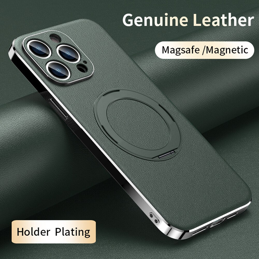 Genuine Leather for Magsafe Phone Case for iPhone 14 12 11 13 Pro Max 14 Plus Luxury Lens Protection Magnetic Holder Back Cover