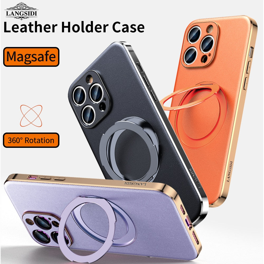Genuine Leather for Magsafe Phone Case for iPhone 14 12 11 13 Pro Max 14 Plus Luxury Lens Protection Magnetic Holder Back Cover