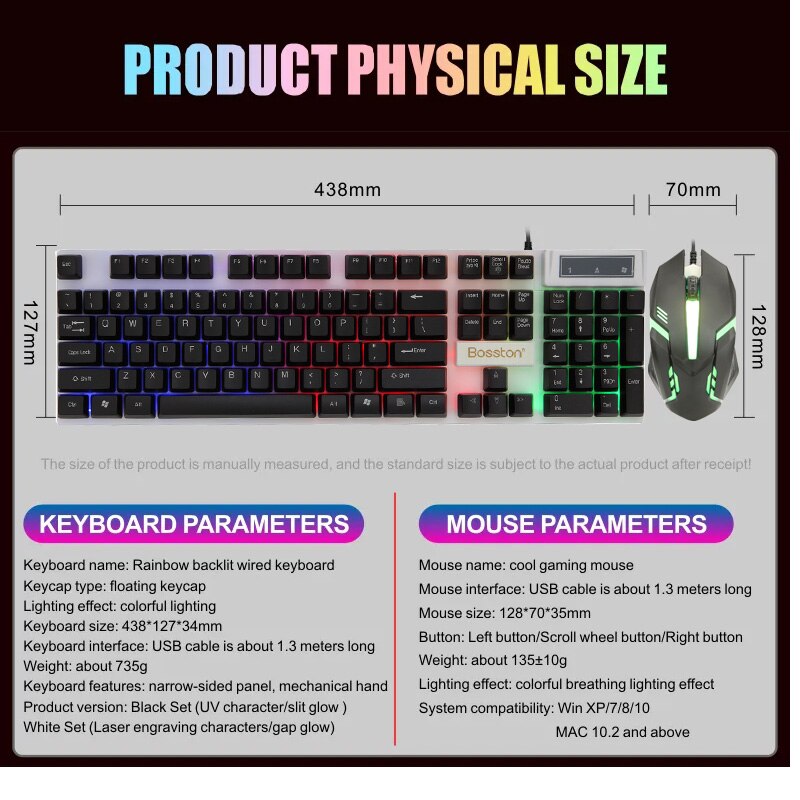 Bosston Brand Hot Sell 8310 Gaming Keyboard Mouse Combos Wired for Desktop Laptop Computer With Single Rainbow Backlit With Pack