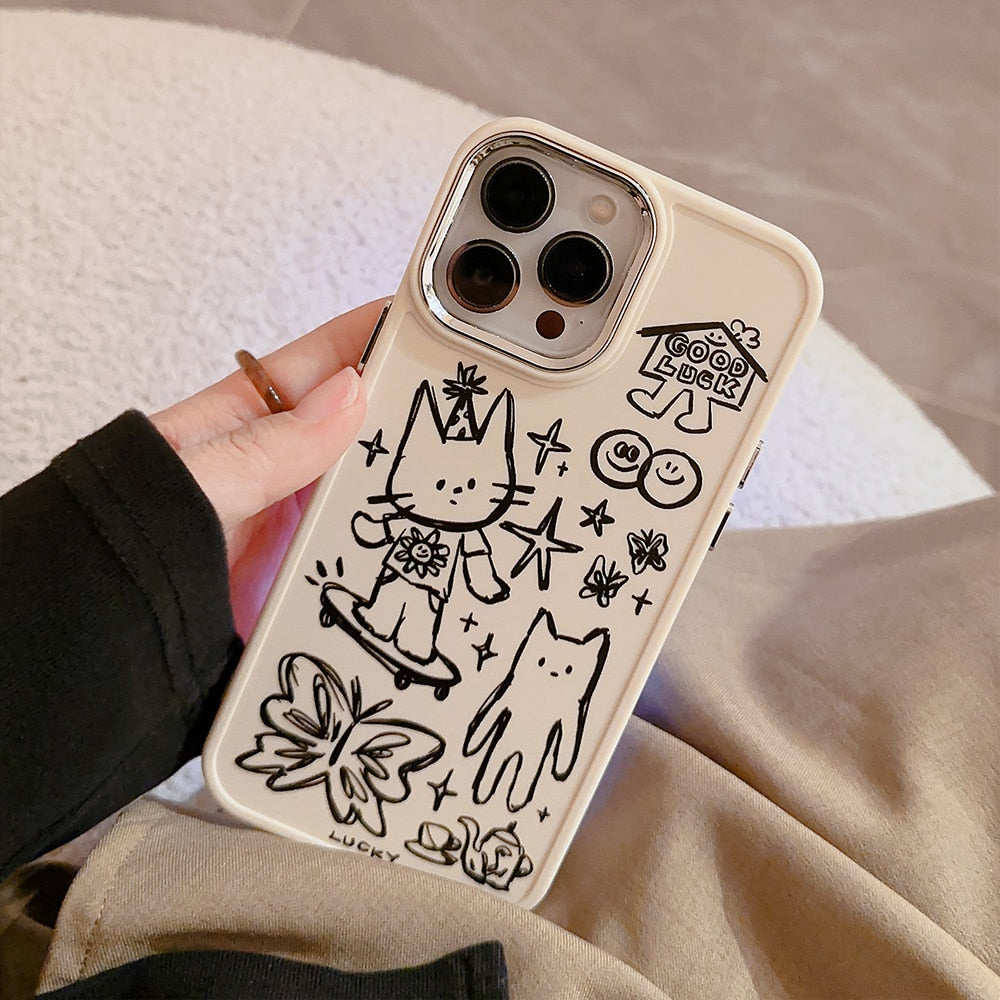 Korean Cute Cartoon Graffiti Phone Case For iPhone 14 11 12 13 Pro Max Soft Cover Silicone Shockproof Protective Shell Cases