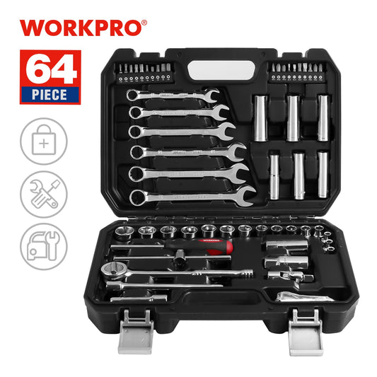 WORKPRO 64-108PC Mechanic Tool Set For Car Repair Ratchet Handle Wrench Socket Set Home Tool Kits