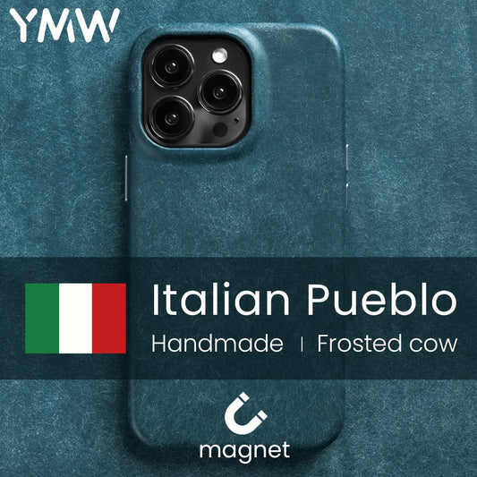 YMW Handmade Italian Pueblo Genuine Leather Case for iPhone 14 Pro Max Plus 13 Magnetic Luxury Frosted Cowhide Phone Cover