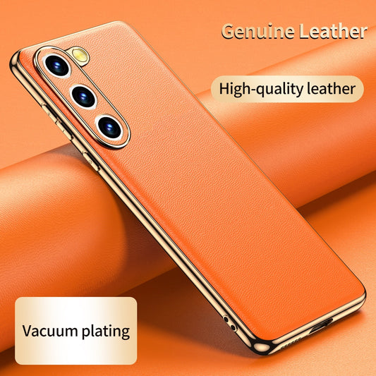 Genuine Cowhide Leather Phone Case for Samsung Galaxy S23 Ultra S22 Plus S21 FE Note 20 Plating Shockproof Lens Protection Cover